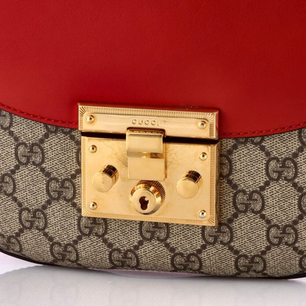 Gucci Padlock Saddle Shoulder Bag GG Coated Canvas and Leather Medium Brown, Red - Picture 6 of 7
